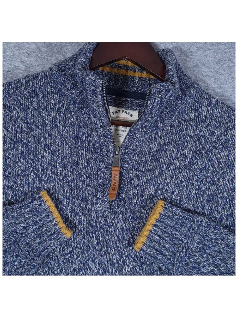 FatFace Mens Large Blue Marl Quarter Zip Knit Sweater Cotton Wool Blend